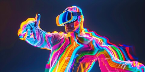 Futuristic VR virtual reality concept game entertainment digital technology VR virtual reality glasses sport game 3D cyber space futuristic neon colorful virtual metaverse background. Generative AI