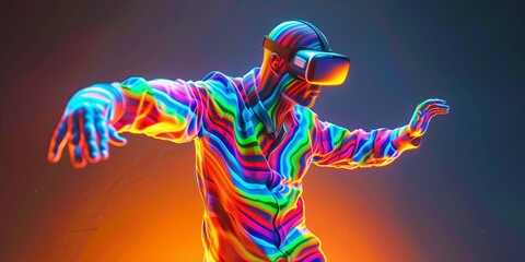 Obraz premium Futuristic VR virtual reality concept game entertainment digital technology VR virtual reality glasses sport game 3D cyber space futuristic neon colorful virtual metaverse background. Generative AI