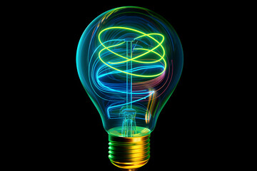 Neon wireframe light bulb with mesmerizing spiral light trails isotated on black background. Created with generative AI.