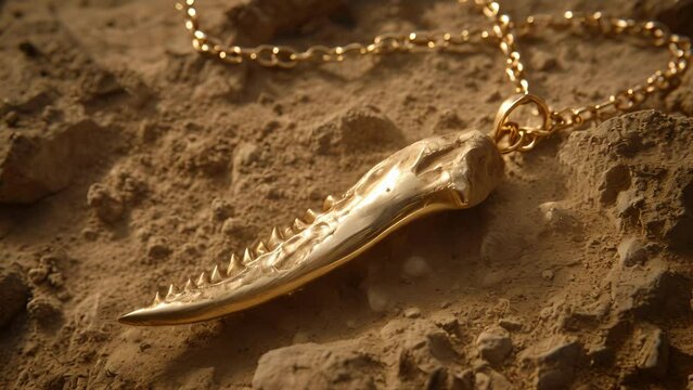 A delicate gold necklace discovered in a burial site featuring a pendant in the shape of a Tyrannosaurus rex tooth believed to have been worn as a symbolic talisman for protection.