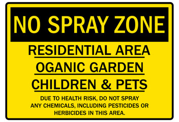 No spraying sign residential area, organic garden, children and pets