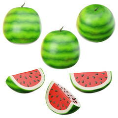 3D Icon fresh watermelon on three points of view. On transparent background. On transparent background. 3D illustration. High resolution	
