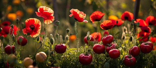 A stunning natural landscape with a lush groundcover of vibrant red poppies flowering in the grass.