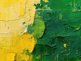 Abstract art background. Oil painting on canvas. Green and yellow texture. Fragment of artwork....