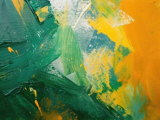 Abstract art background. Oil painting on canvas. Green and yellow texture. Fragment of artwork. Spots of oil paint. Brushstrokes of paint. Modern art. Contemporary art.
