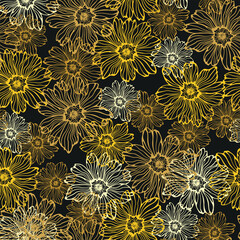 Leaves and flowers. Hand-drawn graphics. Seamless patterns for fabric and packaging design. Vector drawing of botany.