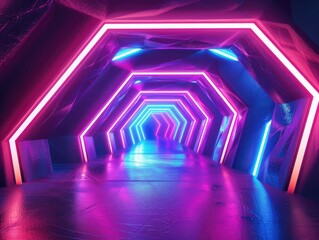 Abstract Futuristic Technology concept. Neon Hexagon Tunnel modern background. Fluorescent ultraviolet glowing light lines.