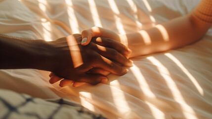 Interracial couple holding hands in bed. Scene of newlyweds on honeymoon. Passionate image