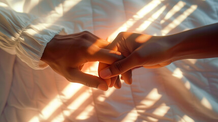 Interracial couple holding hands in bed. Scene of newlyweds on honeymoon. Passionate image