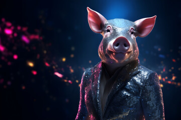 Creative animal concept. Pig piggy in disco neon glitter glam shiny glow sequin outfit, copy text space. commercial, editorial advertisement party invitation invite, surreal surrealism