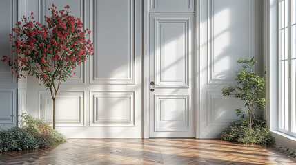 Interior of a house with wooden floor, plant and door. Created with Ai