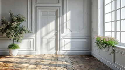 Living room interior with wooden floor, white walls and door. Created with Ai
