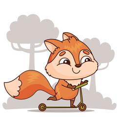 A happy cartoon fox is joyfully riding a scooter in the park, its tail swaying with pleasure. This lively illustration is a pleasing animated cartoon art with vibrant graphics. Vector