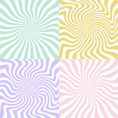 Fototapeta na wymiar Set of groovy hippie posters. Trippy spiral wavy lines background. Psychedelic sunburst radial burst wallpaper. 