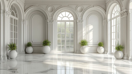 Interior of a living room with marble floor, door, white walls and plants. Created with Ai