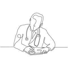 Continuous one line drawing. Doctor sitting and writing.