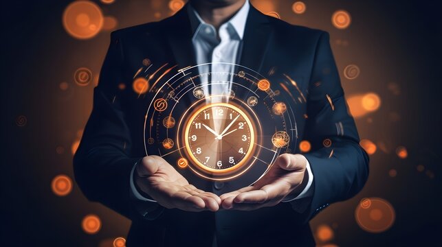  Businessman holding virtual clock . Business time management concept