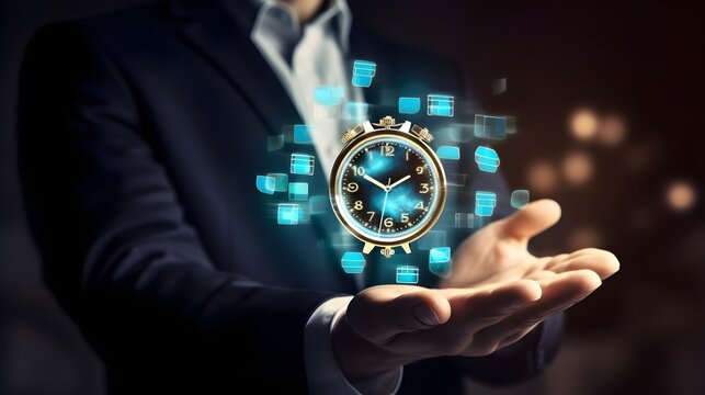  Businessman holding virtual clock . Business time management concept