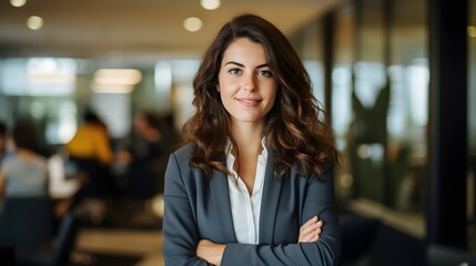 Obraz premium Confident business woman standing in a office with subtle smile on a face 