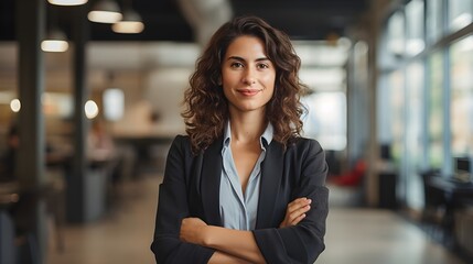 Fototapeta premium Confident business woman standing in a office with subtle smile on a face 