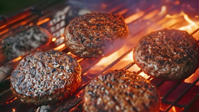 vegan meat for burgers cooking on barbeque pit,top view . High quality 4k footage