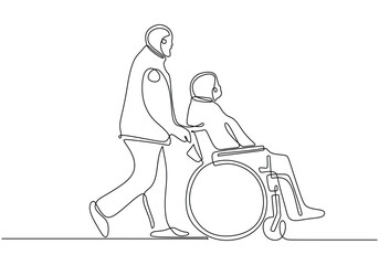 Single one line drawing of old people using wheelchair. Disabled man concept. Vector illustration pushing person on wheel chair.