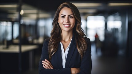 Obraz premium Confident business woman standing in a office with subtle smile on a face 