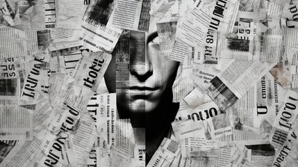 Close-up portrait of a man's face surrounded by newspapers.