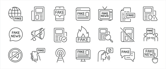 Fake news minimal thin line icons. Related hoax, propaganda, press, news, statement. Editable stroke. Vector illustration.