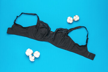 Cotton inflorescences and a woman's black bra on a blue background.