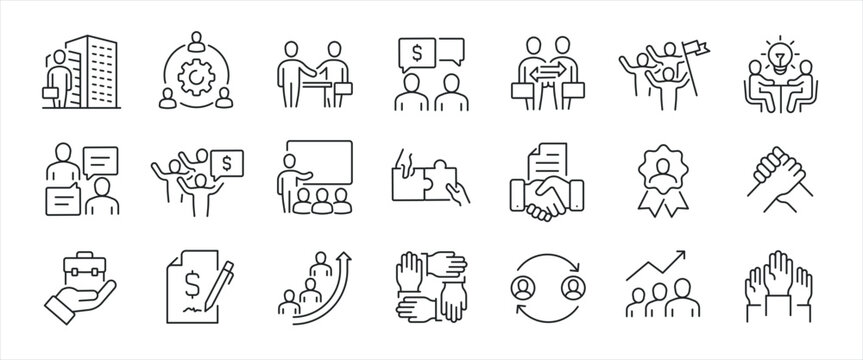 Corporate business minimal thin line icons. Related businessman, collaboration, communication, cooperation. Editable stroke. Vector illustration.