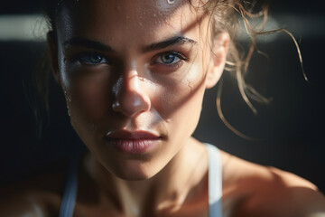 Close-up of a Determined Woman with Sweat on Her Face. Intensity and Focus in Fitness Concept