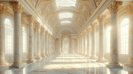 Interior of an empty hall with designed roof, pillars, window and marble floor. Created with Ai