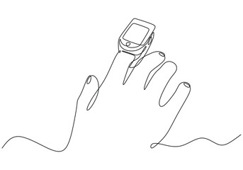 Obraz premium Continuous one line art drawing. Hand with oximeter on finger. Digital device to measure oxygen saturation in human.