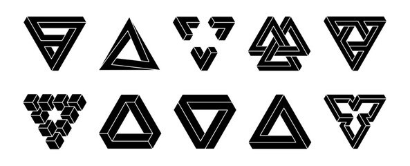 Impossible shape designs. Optical illusion isolated on white background. Designing elements. Vector illustration.