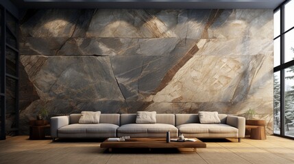 Modern living room interior design with marble wall, contemporary natural concept in downtown.