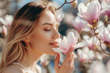 Beauty young woman touching and smelling spring magnolia flowers.
