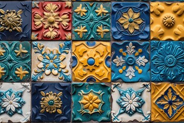 Beautiful colourful handmade ceramic tile with various ornament.