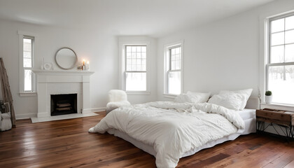 white elegant bedroom with hardwood floors