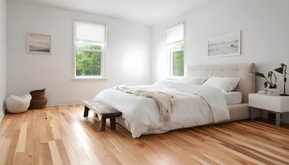 Fototapeta na wymiar white elegant bedroom with hardwood floors