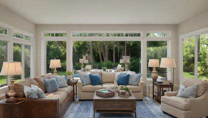 blue and white decor on family room porch