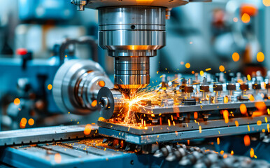 Precision Metal Engineering, Industrial Laser Cutting Machinery at Work, Sparks Flying in Metalwork Fabrication Process