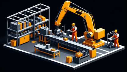 factory industrial assembly line worker clipart isolated on black background.