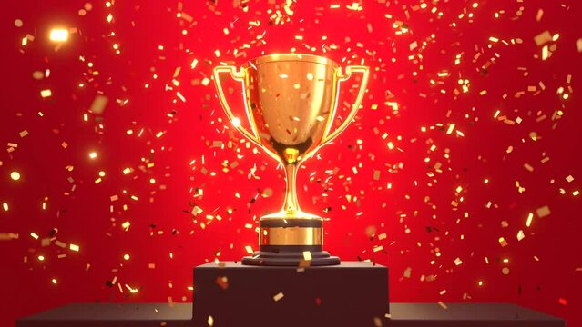 Looping video of Golden trophy on winner podium with falling confetti, Champion award, 4K footage