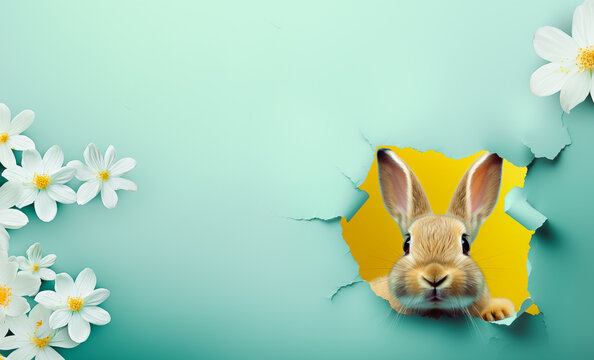 Easter poster and banner template with Easter flowers, cute bunny on pastel green background. Greetings for Easter Day in flat lay. Promotion and shopping template for Easter by Vita