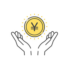 Obraz premium ¥の文字とコインを持っている人の手のアイコン- 日本や中国などのお金･円や元のイメージ