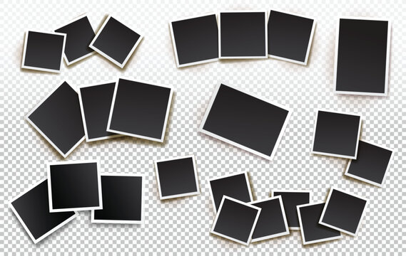 Set of empty photo frames compositions. Realistic vector mockups. Retro photo frames with shadow isolated on transparent background.