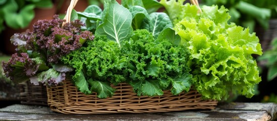 A plant-based basket of various lettuce types rests on a wooden table, showcasing leafy vegetables as ingredients for salads and meals.