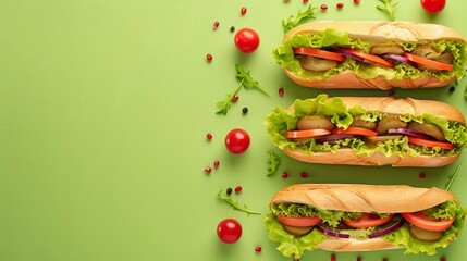 Healthy sandwiches with lettuce high angle, realistic, HD, copy space - generative ai