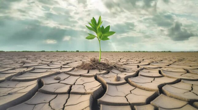 a green plant in the middle of cracked drought land with cloudy sky climate change loop animation background illustration